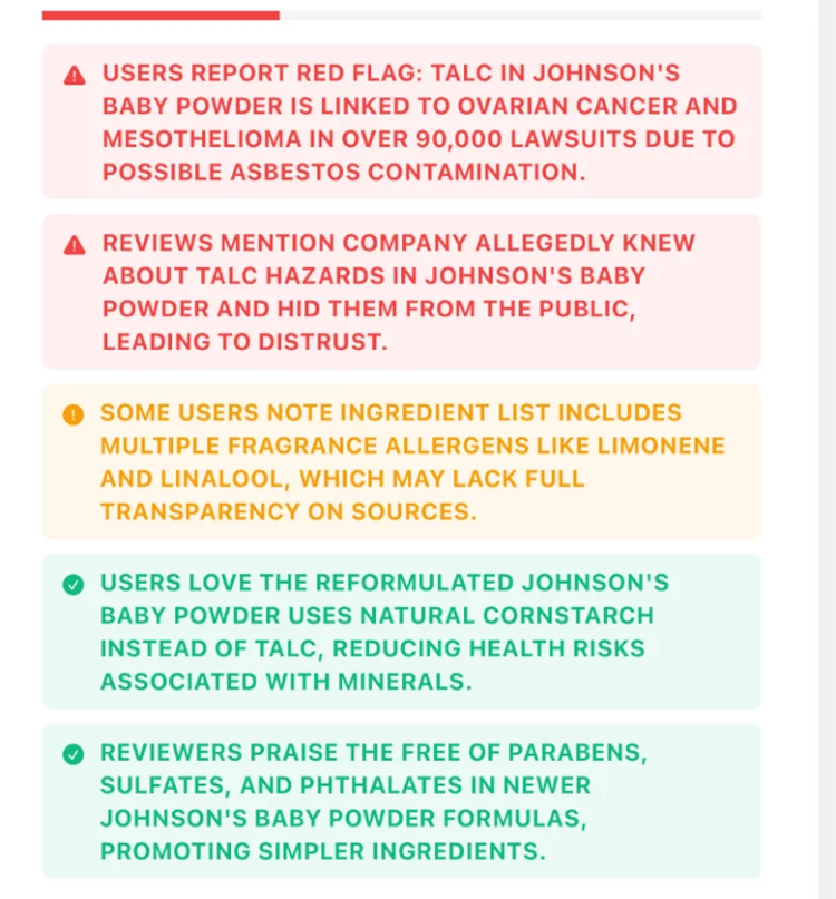 Close view of a Sift findings list. Two red warnings about talc and asbestos litigation, one amber note about fragrance allergens, and two green findings praising a reformulation to cornstarch and the removal of parabens and sulfates.