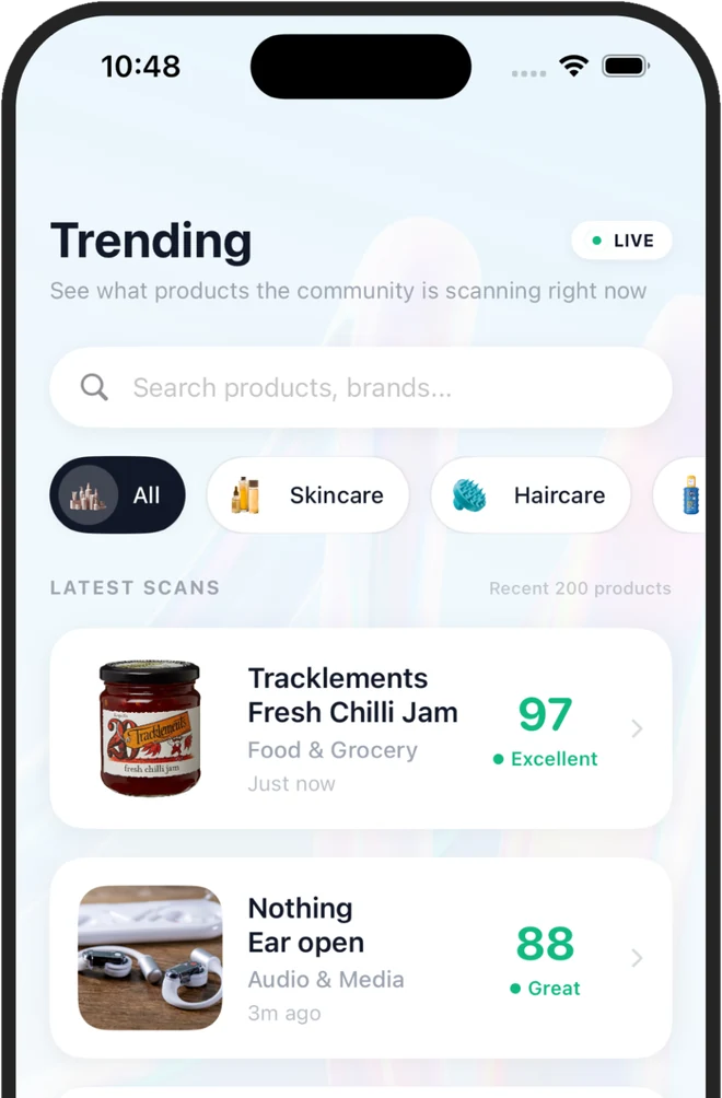 Trending screen in Sift listing recent community scans including a chilli jam scored 97, earphones scored 88 and a cereal scored 65.